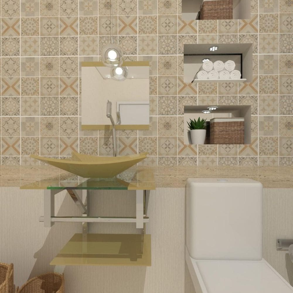 Gabinete De Vidro 45Cm Cuba Retangular Champanhe + Torneira