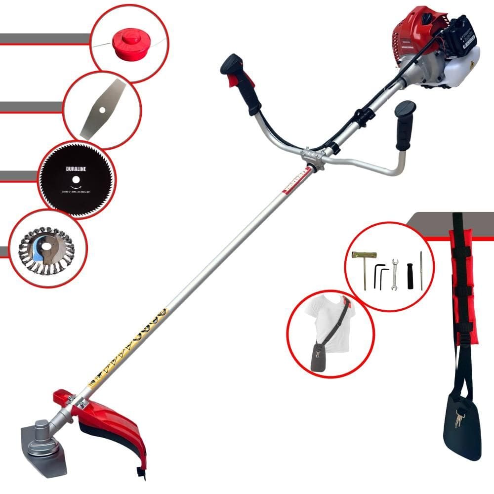 Roçadeira Multifuncional Kawashima BCJ620L À Gasolina 62cc 3HP Com Carretel + Lâmina 2 Pontas + Lâmina 80 Dentes + Escova Circular de Aço 24 Cerdas