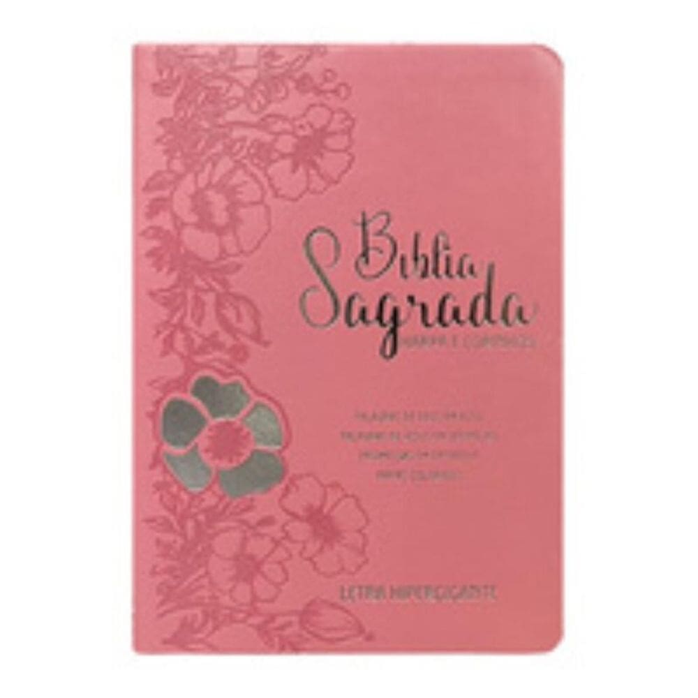 Bíblia hipergigante arc full color pu luxo dourada - floral dália rosa