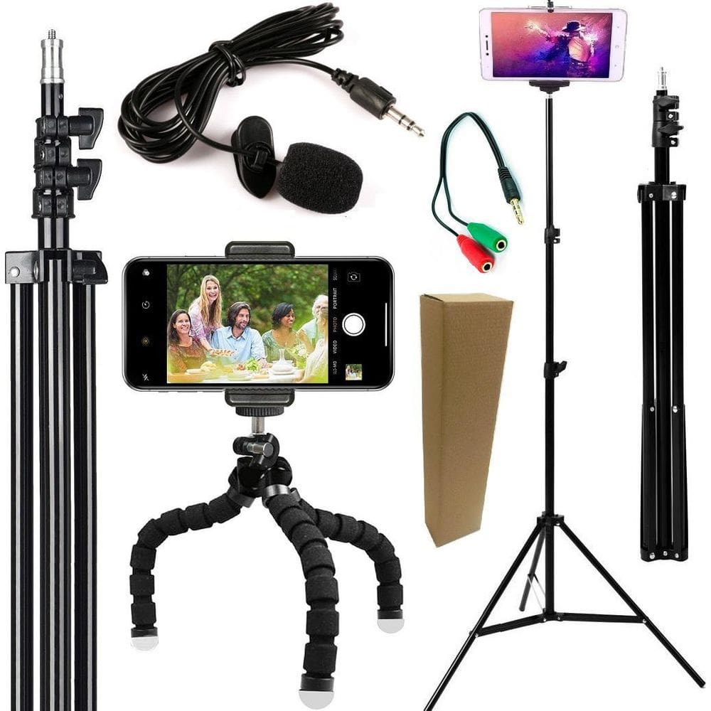 Kit Youtuber Tripé Profissional Pedestal Microfone Lapela Celular Smartphone + Tripé Flexível Universal