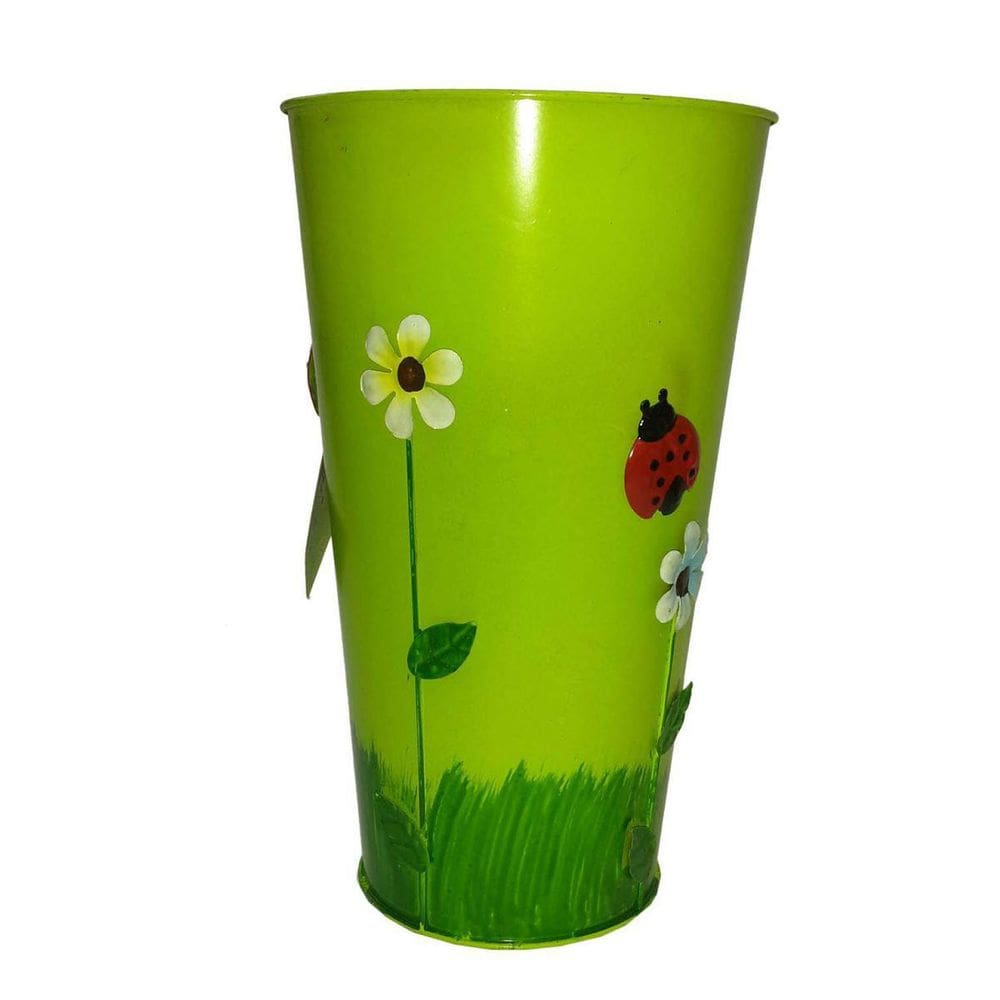 Vaso Balde Enfeite De Ferro Varanda Joaninha Flor Verde