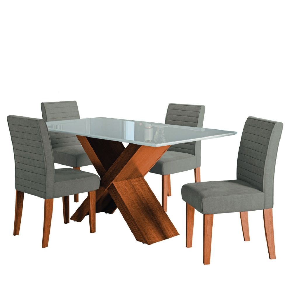 Conjunto de Mesa Sala de Jantar Tampo com Vidro 1,36m Grécia 4 Cadeiras Creta Dobuê