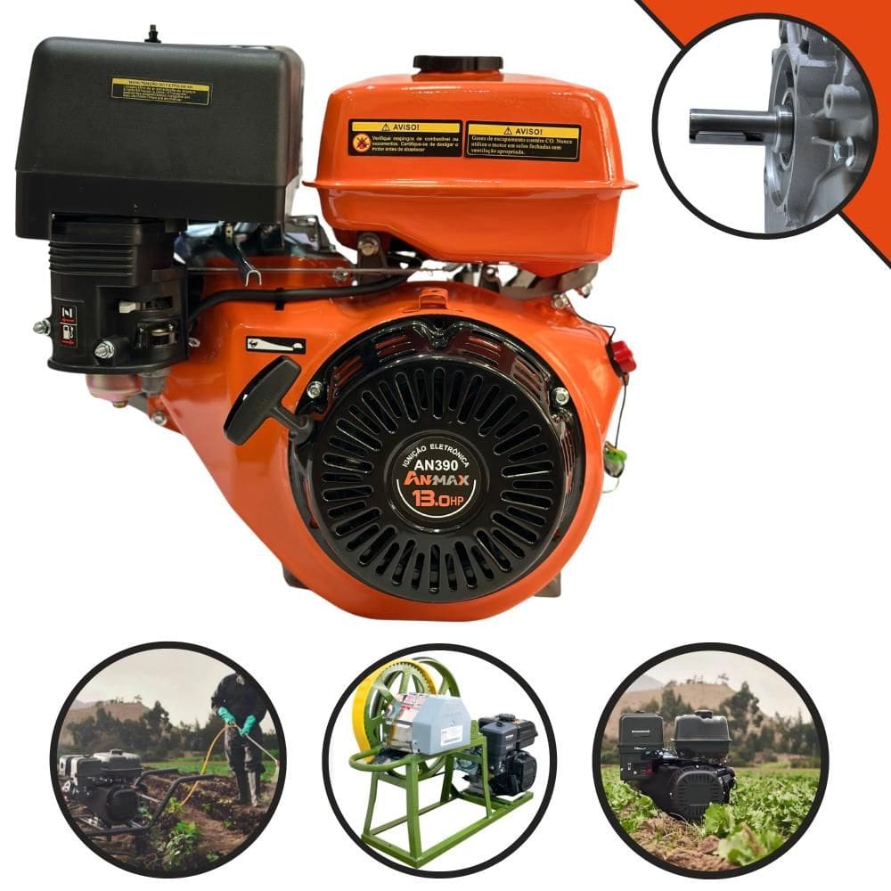 Motor Estacionário Anmax AN390 À Gasolina 4T 389cc 13HP 3.600rpm Profissional Com Partida Manual e Eixo Horizontal Chavetado 25,4mm