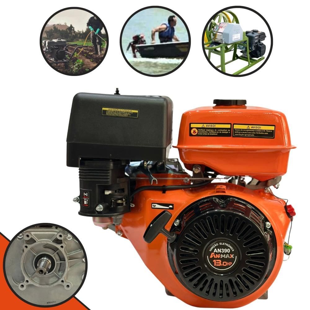 Motor Estacionário Partida Manual Profissional Anmax AN390 À Gasolina 4T 389cc 13HP 3.600rpm Com Eixo Horizontal Chavetado 25,4mm Para Motobombas