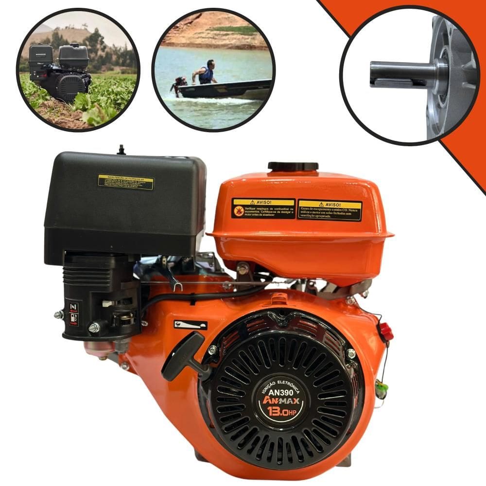 Motor AN390 Anmax À Gasolina 4T 389cc 13HP 3.600rpm Profissional Com Eixo Horizontal 25,4mm e Partida Manual Para Moendas de Cana e Rabetas