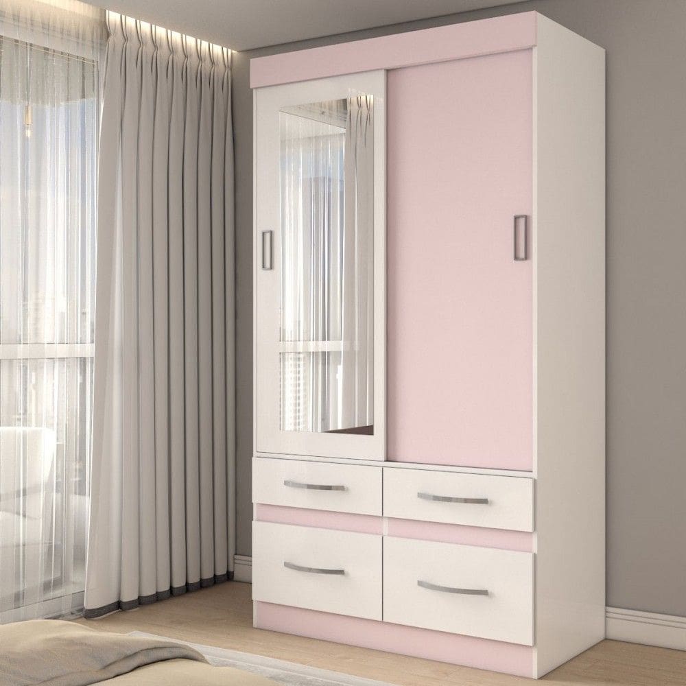 Guarda-Roupa Solteiro Trento 2 Portas 4 Gavetas com Espelho Flex Branco/Rosa - Panorama Móveis