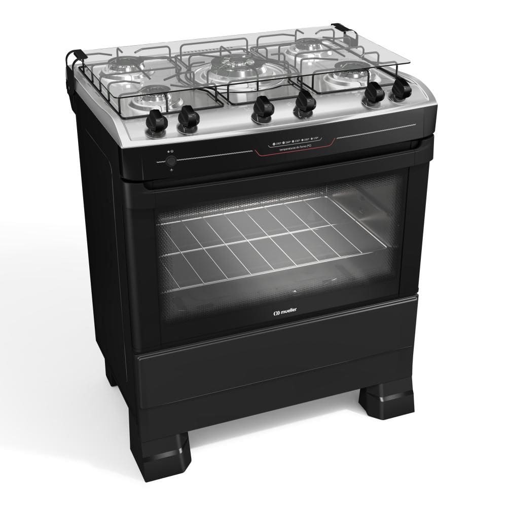 Fogão 5 Bocas Mueller com Forno 81L e Acendimento Automático Preto Bivolt - MFI5BF