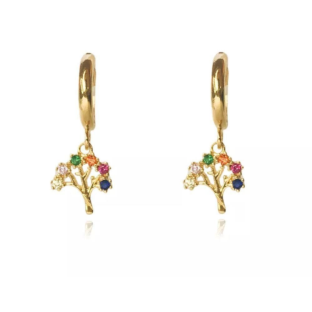 Brinco Argolinha De Arvore Da Vida Folheado Em Ouro 18k