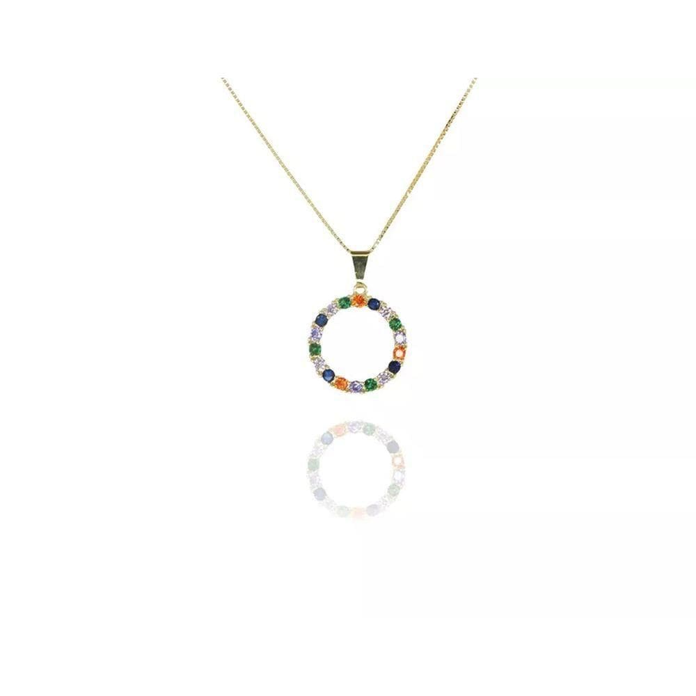 Colar Pingente Circulo De Zirconia Colorida Folheado A Ouro 18k