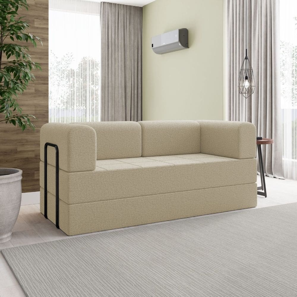 Sofá na Caixa Modular 2 lugares Linho Bege Maya Para Sala