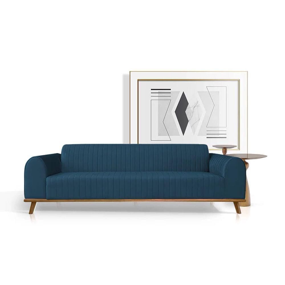 Sofá Living átila 2,10m Em Veludo Azul Marinho Base Madeira Maciça
