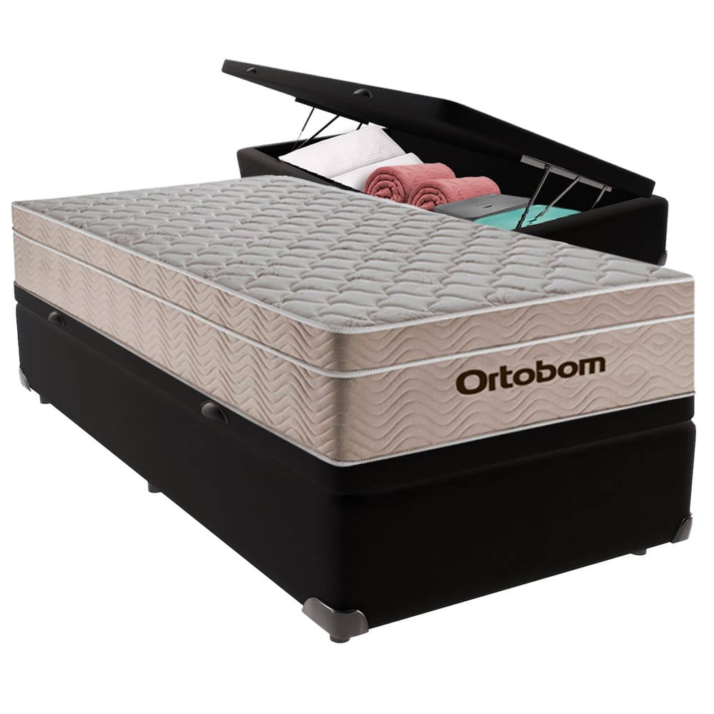 Cama Baú Solteiro Preto+Colchão Airtech Molas Ortobom