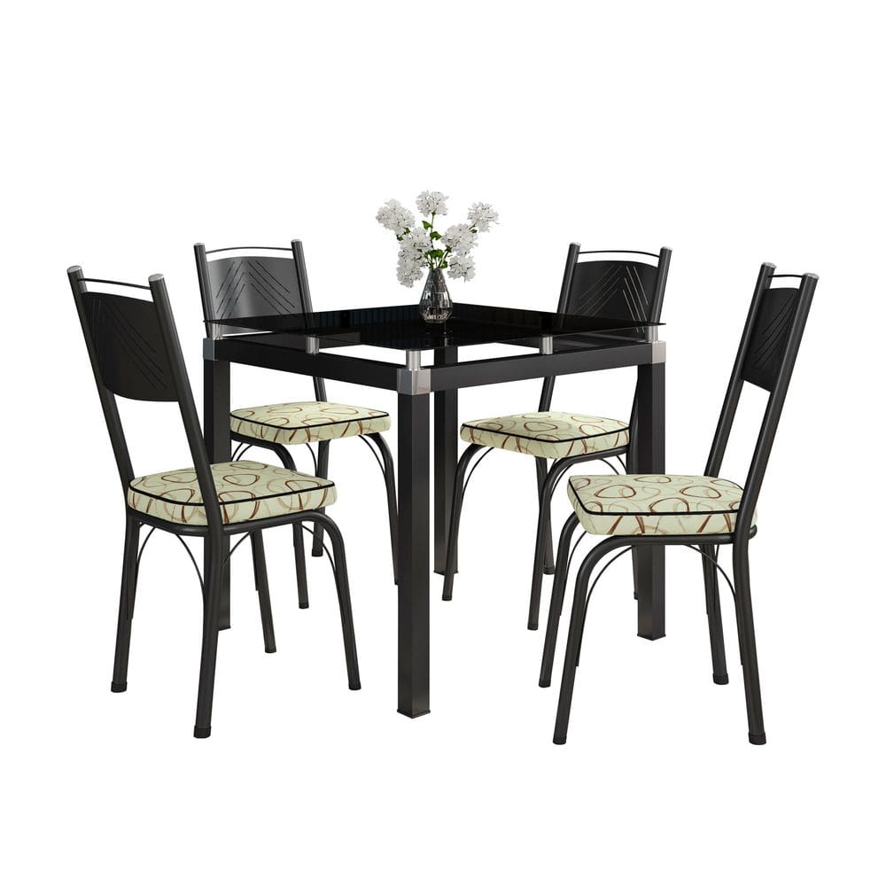 Conjunto De Mesa Tubular Malva Com 4 Cadeiras 151 Tampo De Vidro 75cm Preto Assento Cedro Artefamol