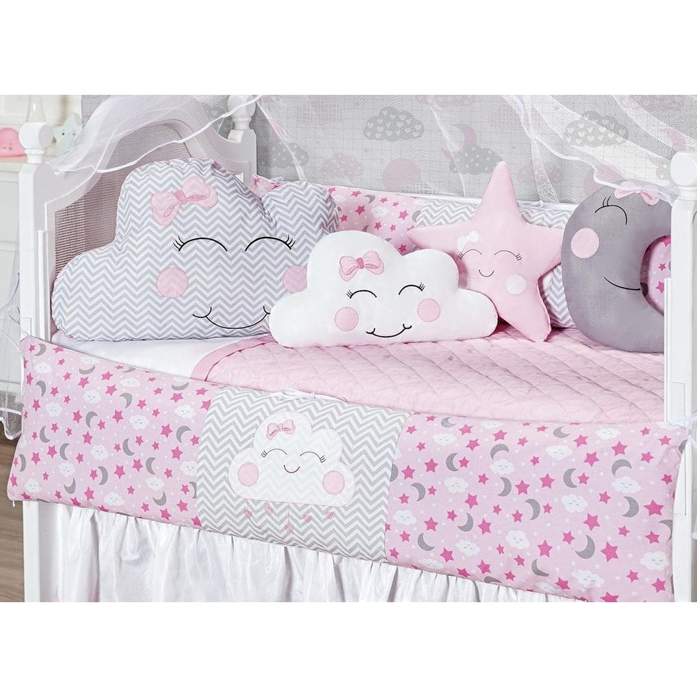 Kit Berço Proteção 2 Laterais 12p Rosa Nuvem