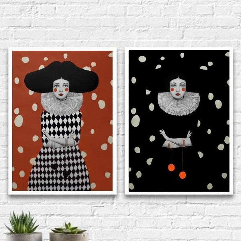 Kit 2 Quadros Decorativos Colombina 45X34Cm Com Vidro Branca