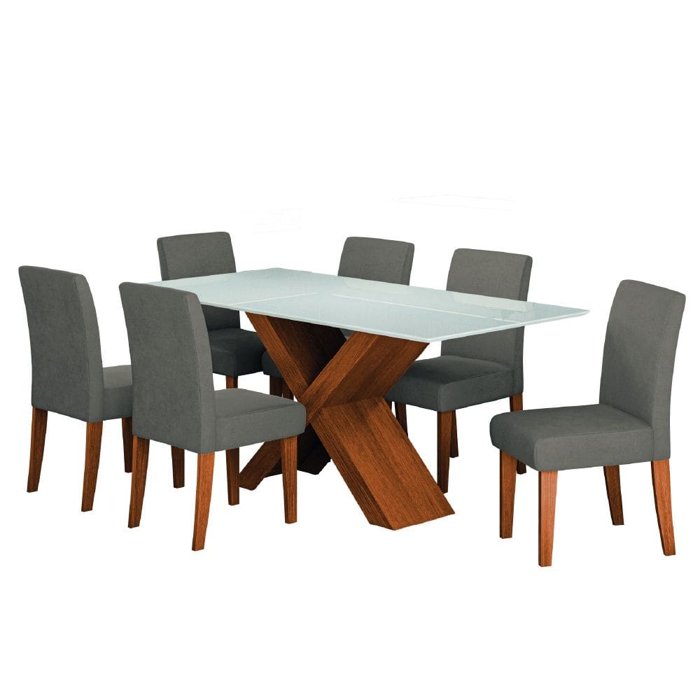 Conjunto de Mesa Sala de Jantar Tampo com Vidro 1,80m Grécia 6 Cadeiras Trieste Dobuê