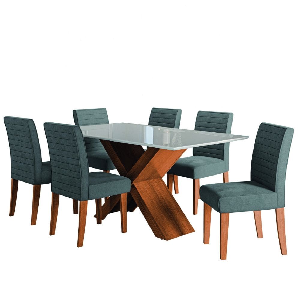 Conjunto de Mesa Sala de Jantar Tampo com Vidro 1,60m Grécia 6 Cadeiras Creta Dobuê