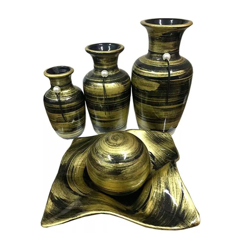 Jogo De Vasos Trio Jad E Centro De Mesa Em Cerâmica Gold