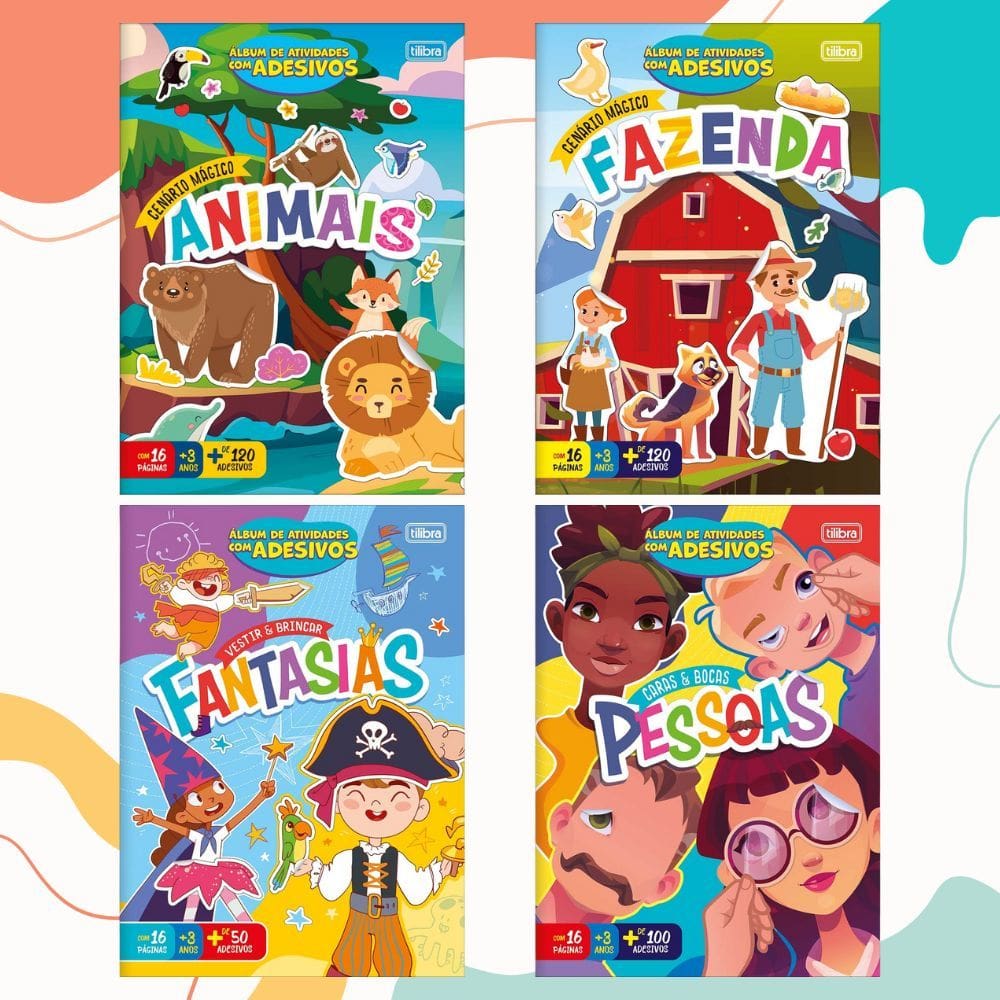 Kit 04 Livro Álbum Cartilha de Atividades c/ Adesivos Vestir Fantasia Montar Divertido Criativo 16 Folhas - Tilibra