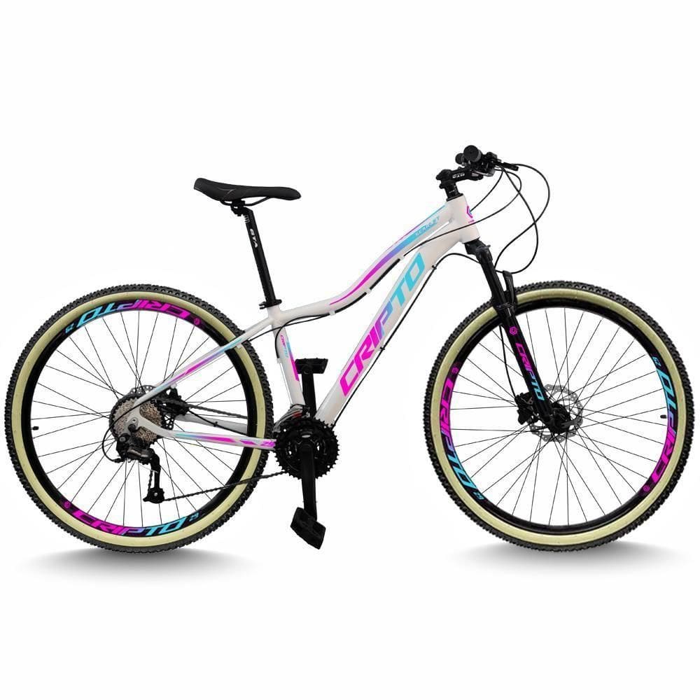 Bicicleta Aro 29 Cripto 24 Marchas Freio Disco C/suspensão Pneu Bege - Branco/azul E Rosa - 15” Branco/azul E Rosa