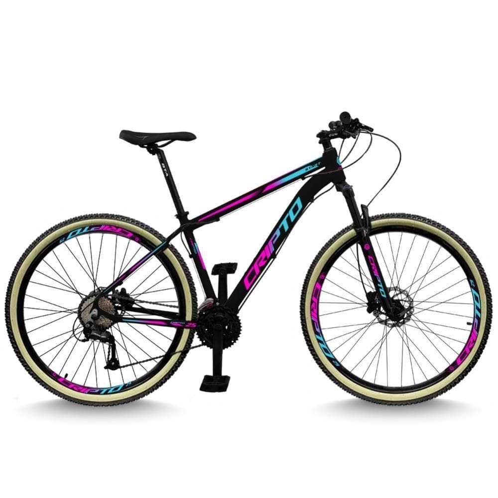 Bicicleta Aro 29 Cripto 24 Marchas Freios Disco E Suspensão Pneu Bege - Preto/azul E Rosa - 15” Preto/azul E Rosa
