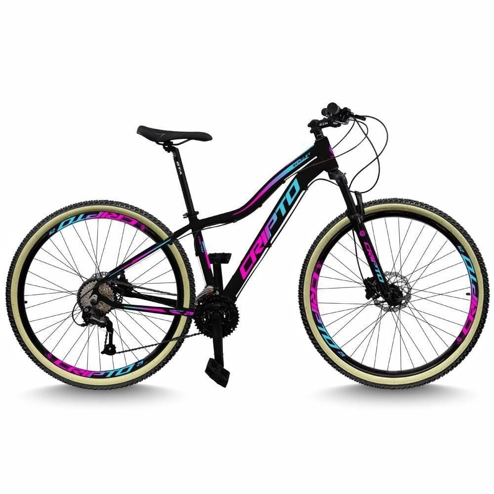 Bicicleta Aro 29 Cripto 24 Marchas Freio Disco C/suspensão Pneu Bege - Preto/azul E Rosa - 17” Preto/azul E Rosa