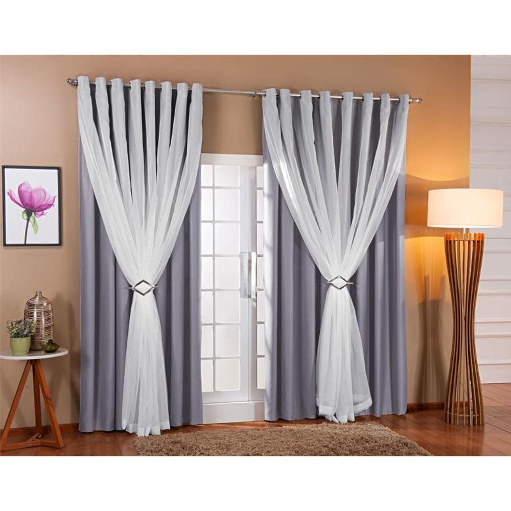 Cortina Voil Forro Blackout Tecido 4,00X2,60 Cinza/Branco