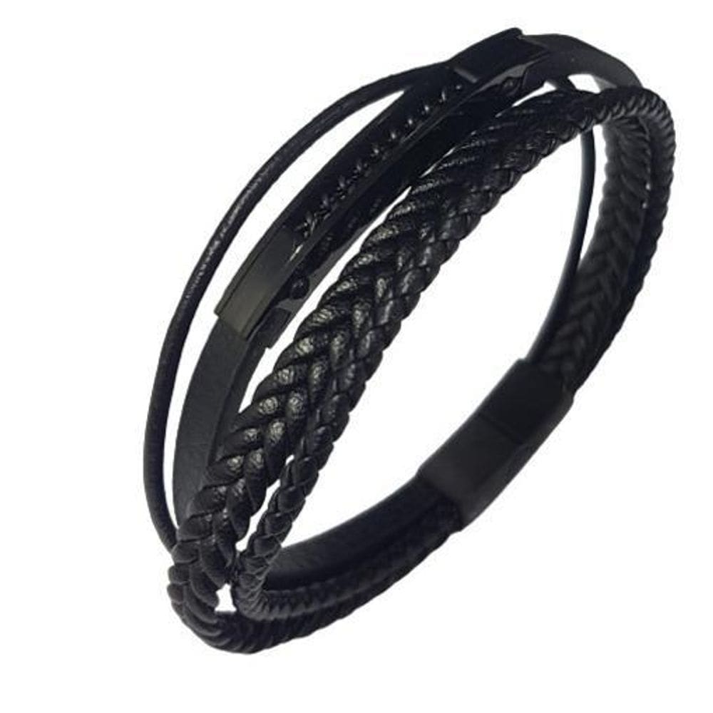 Bracelete Rosso 21Cm Couro Preto Fio Liso Trancado E Grosso