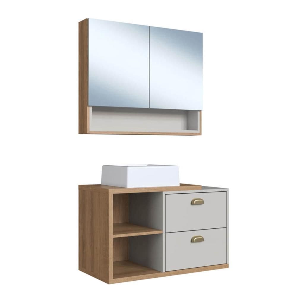 Gabinete 80cm Helena Mel Arenas com Cuba Branca e Espelheira Com 2 Portas Armário para Banheiro
