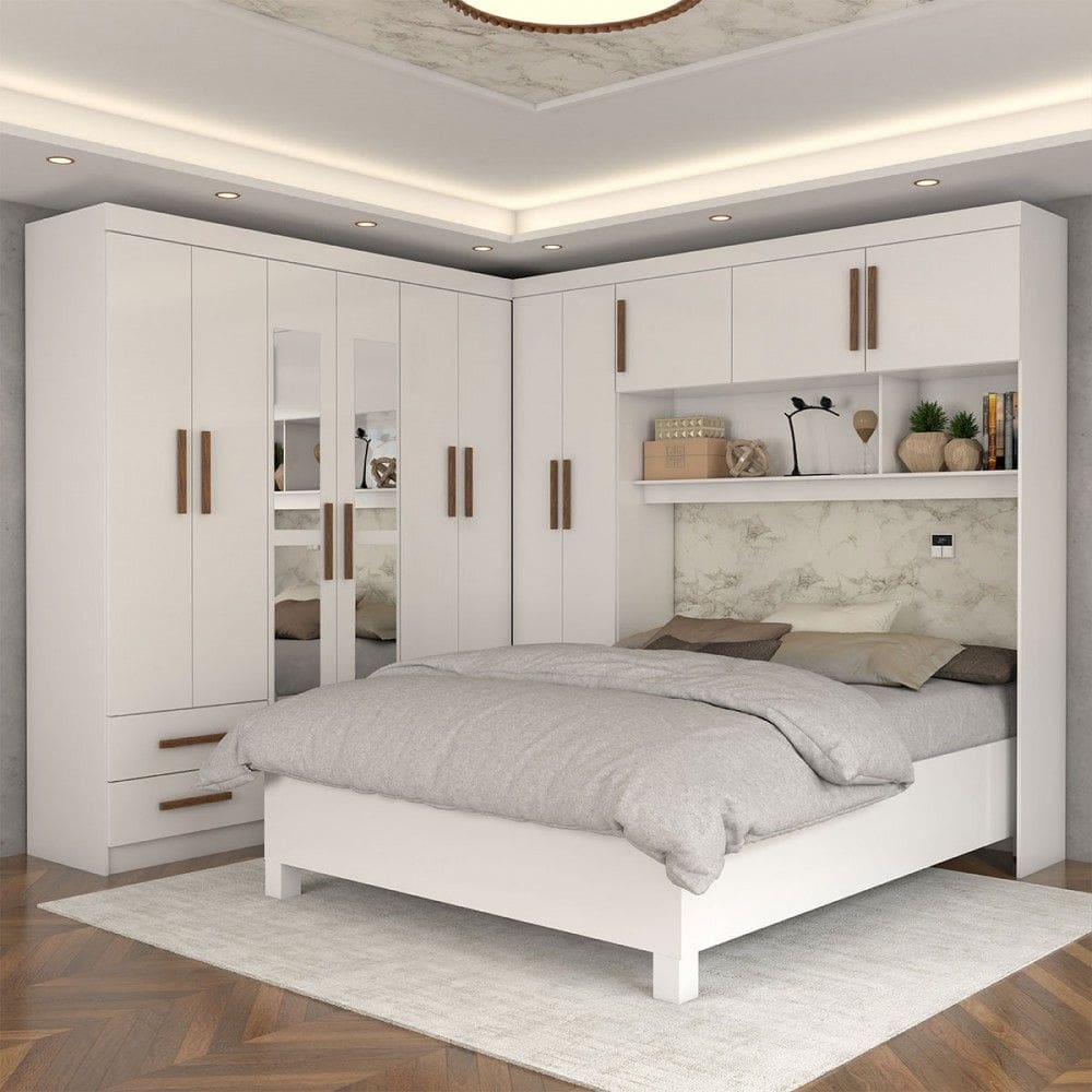 Guarda-Roupa Casal Modulado com Cama Belgrado 11 Portas 6 Gavetas com Espelho Branco - Panorama Móveis