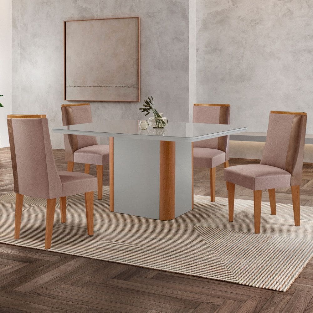 Mesa de Jantar Isadora 120cm Tampo MDF Vidro com 4 Cadeiras Diane