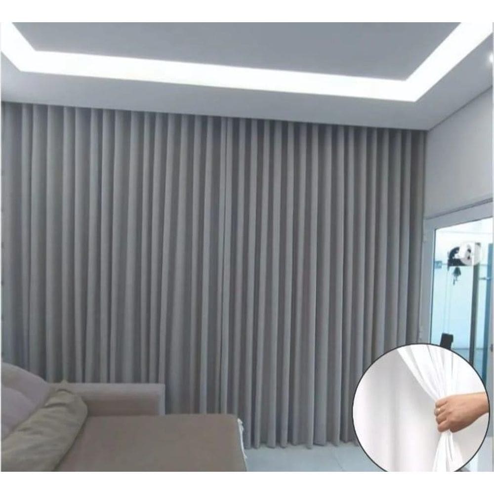 Cortina Trilho Suiço Forro Com Voil Cinza 6.00 X 2.60