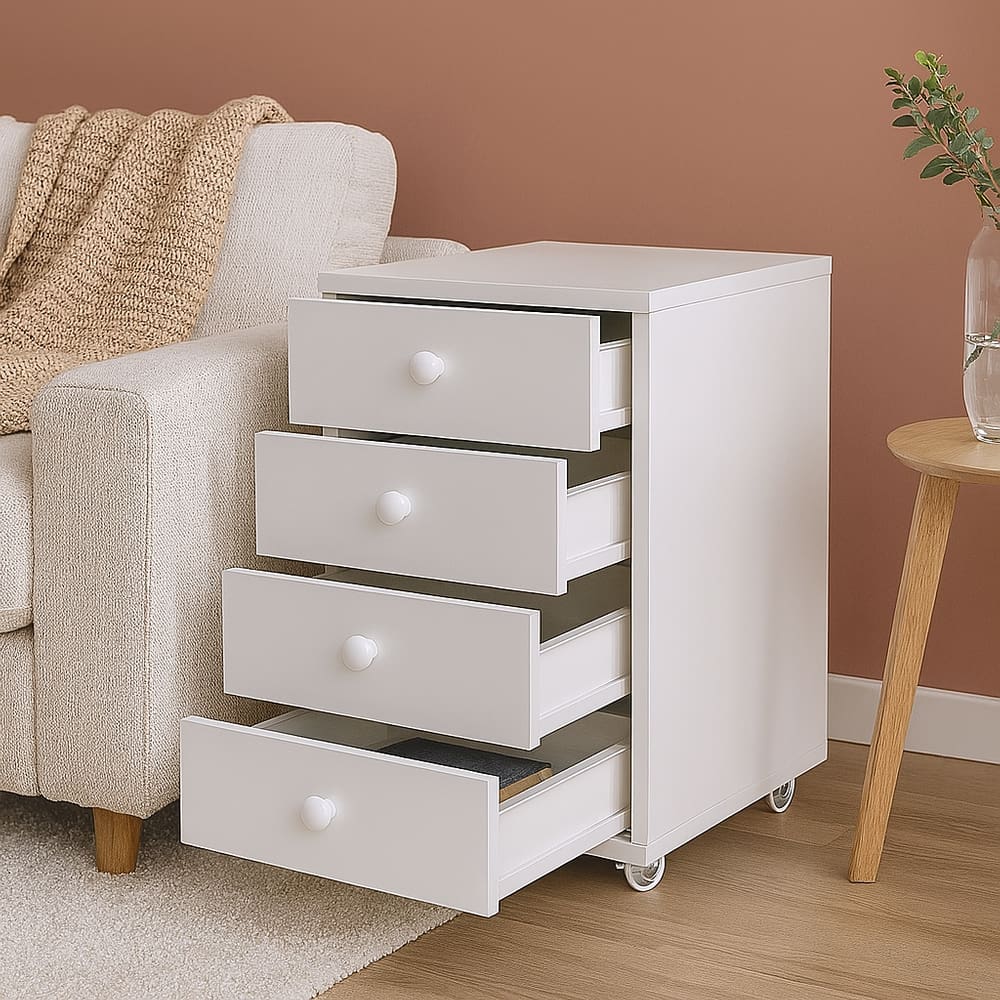 Mesa De Cabeceira Para Apoio Com 4 Gavetas Decorativo Rodizio Em Gel De Chão