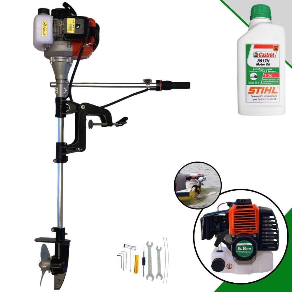 Motor de Popa Com Rabeta Import Way IWMPG2T52 À Gasolina 2T 52cc 2,5HP 7.500rpm Hélice 16cm Ideal Para Botes e Barcos de Pequeno Porte + ÓLEO STIHL 2T