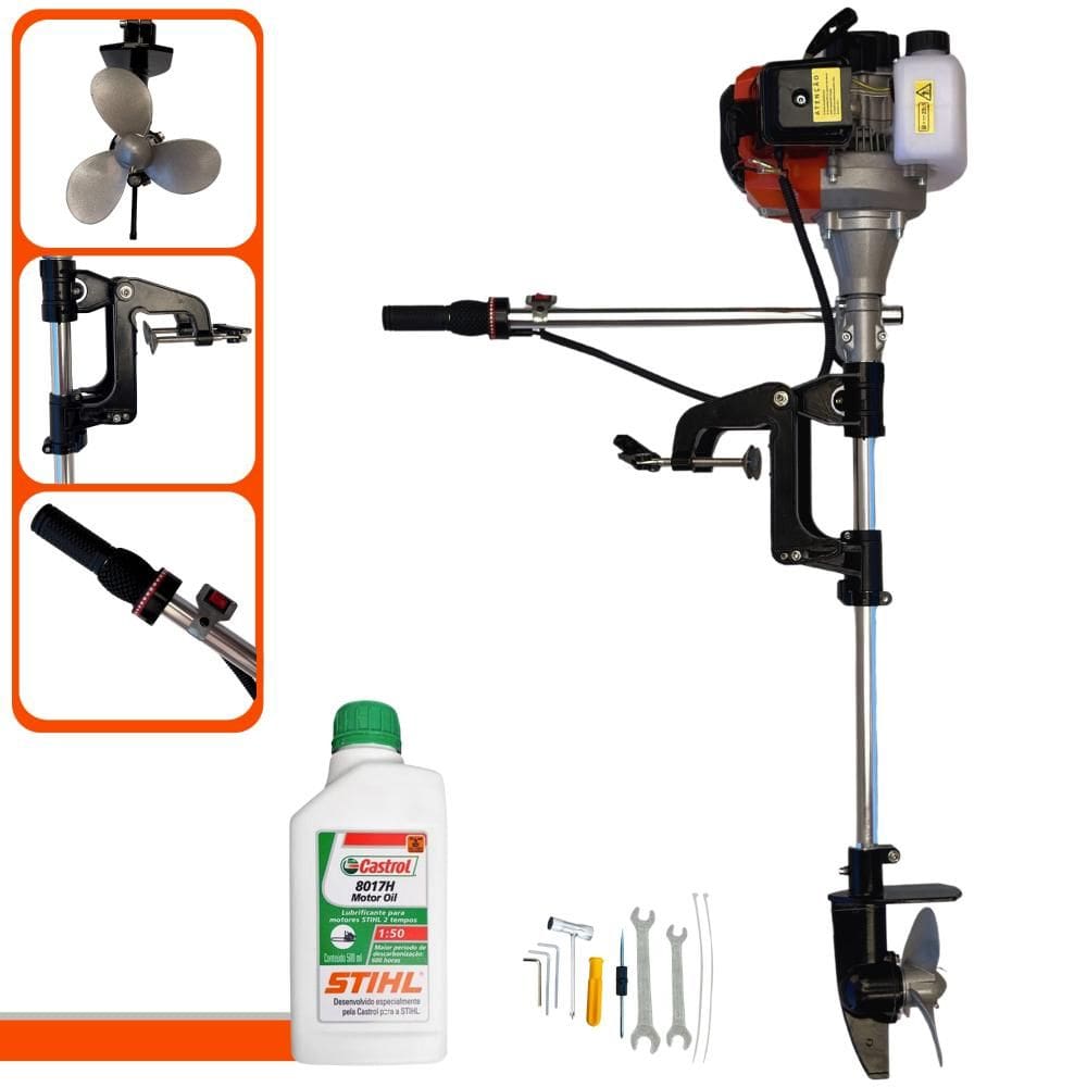 Motor de Popa Completo Import Way IWMPG2T52 À Gasolina 2T 52cc 2,5HP 7.500rpm Profissional Alta Potência, Rotação Com Hélice 16cm + ÓLEO STIHL 2T