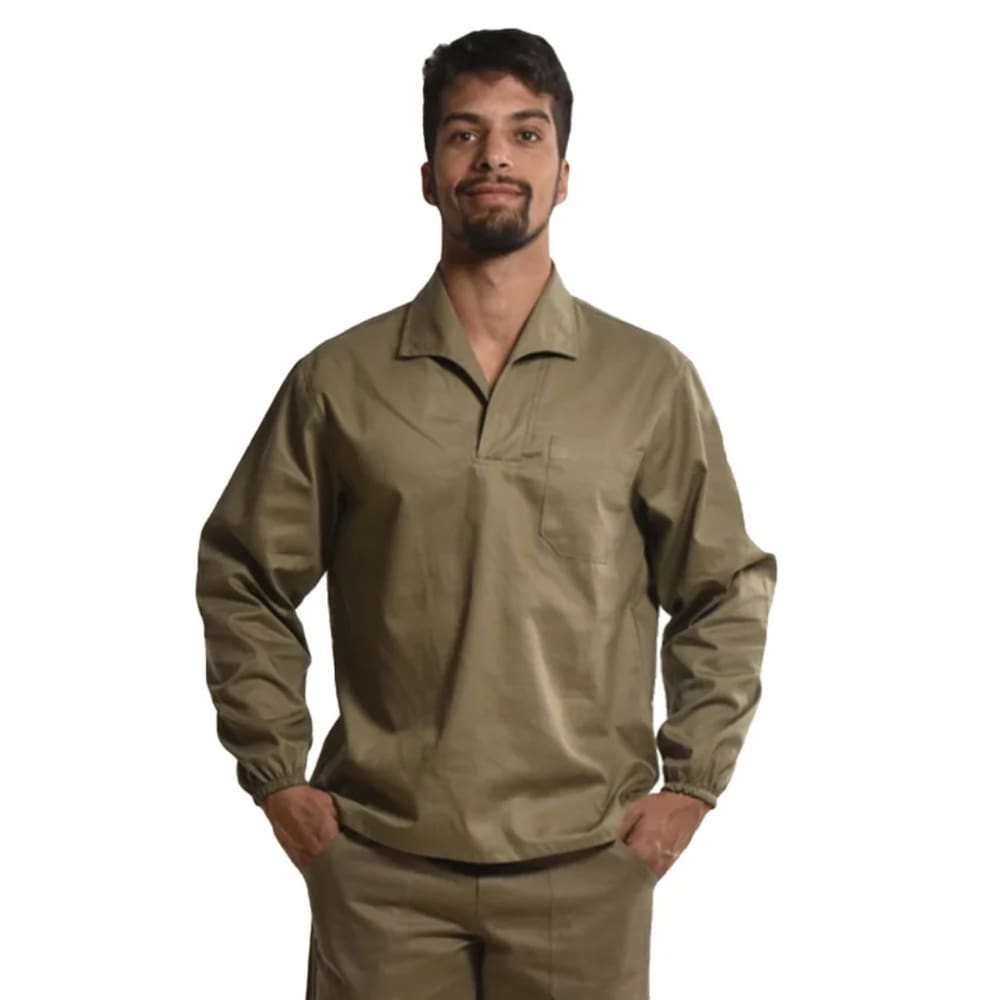 Camisa Profissional Fechada Mangas Longas Gola Italiana Elástico Punhos Caqui