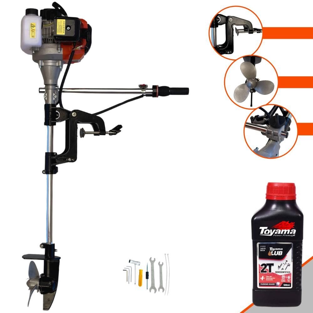 Motor de Popa À Gasolina Import Way IWMPG2T52 52cc 2,5HP 7.500rpm Alta Performance Com Hélice 16cm Para Barco e Lancha de Pequeno Porte + ÓLEO TOYAMA