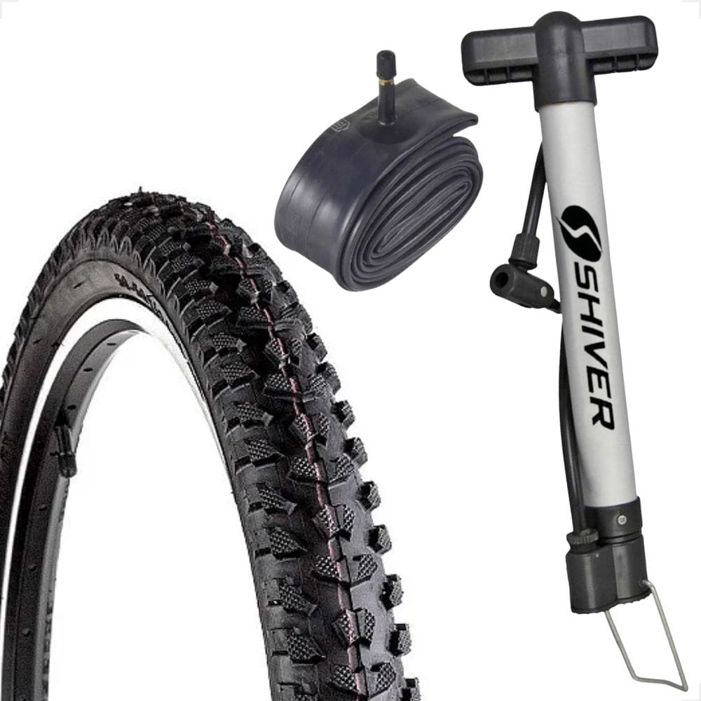 Pneu bicicleta Levorin Excess aro 24 x 1.95 Cravudo banda leve + Camara bico grosso + Bomba manual