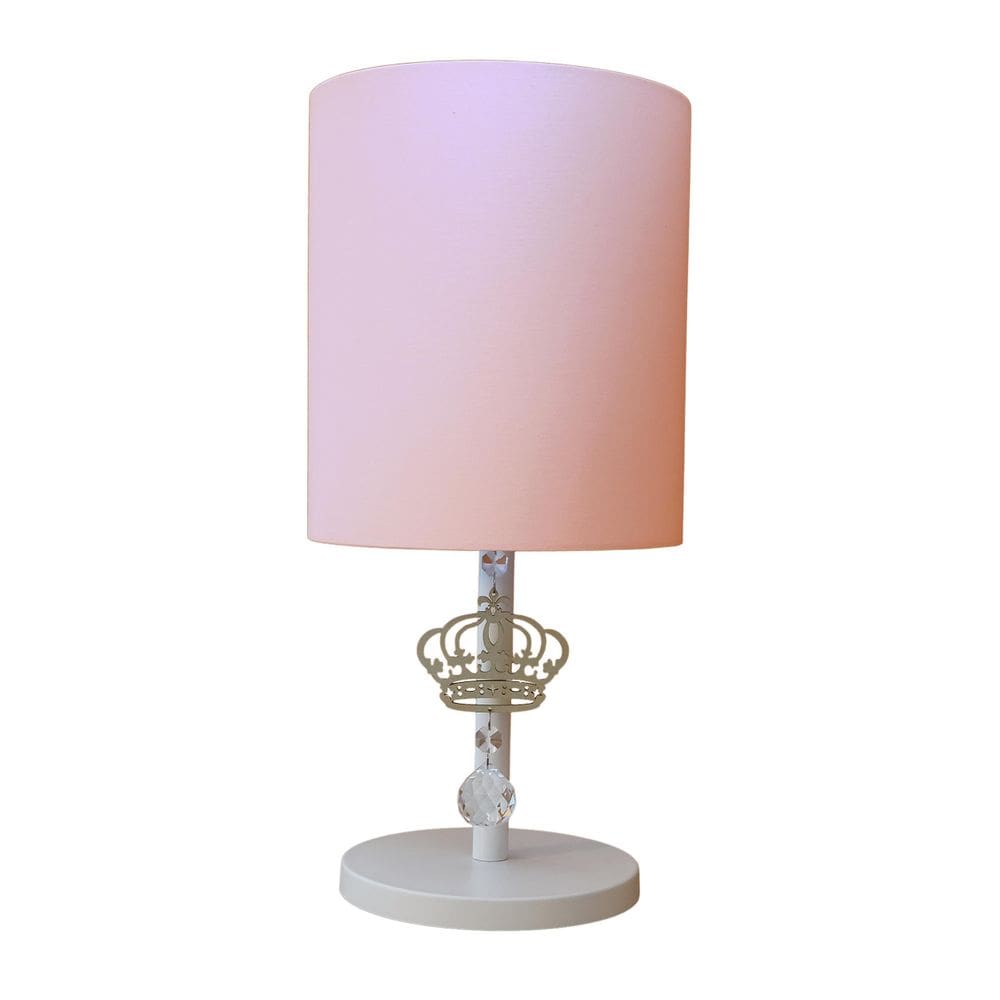 Abajur Infantil Coroa Base Branca Cúpula Rosa 20X42 Bivolt