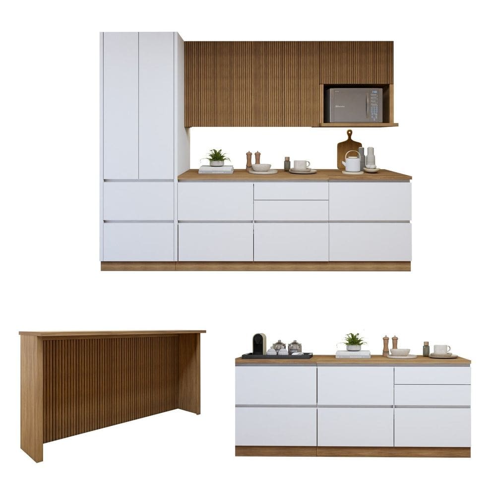 Cozinha Completa Modulada 8 Peças 11 Portas 10 Gavetas com Rodapé Norten Branco / Marrom