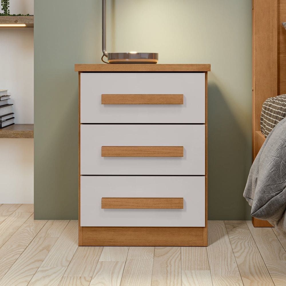 Mesa de Cabeceira 3 Gavetas Baião Plus Amêndoa Clean/Off White