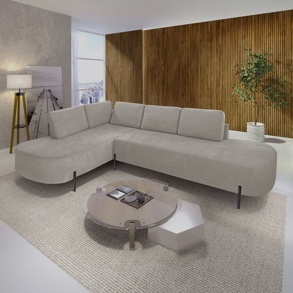 Sofá de Canto Orgânico 4 Lugares 265cm Base de Ferro Chaise Esquerda Luna Bege