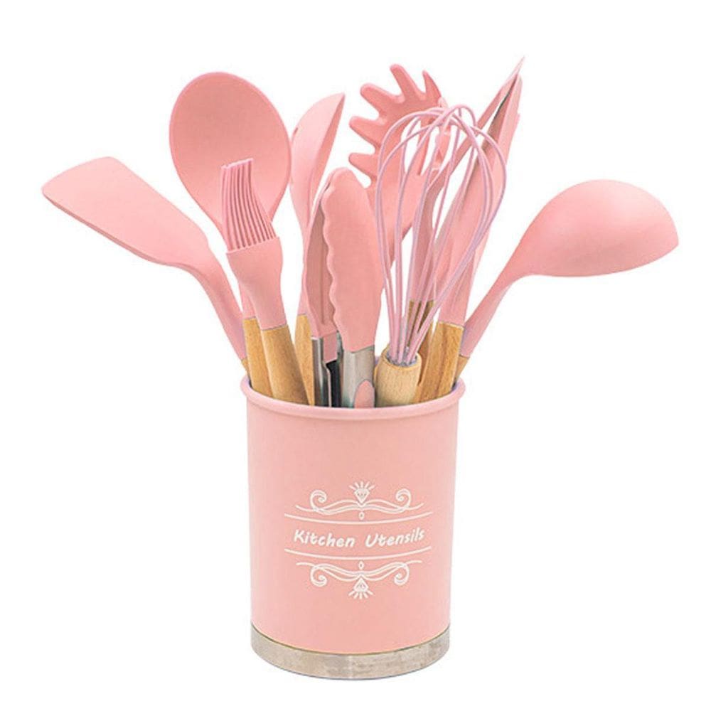 Jogo De Utensílios Para Cozinha 12 Peças Em Silicone Rosa
