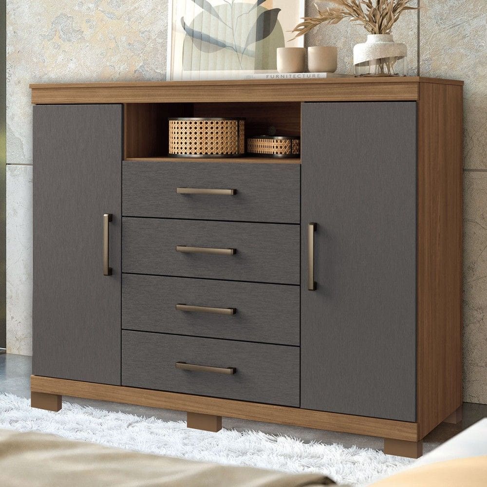 Cômoda Havana Master 2 Portas 4 Gavetas Jatoba/Grafite 30994 - Santos Andirá