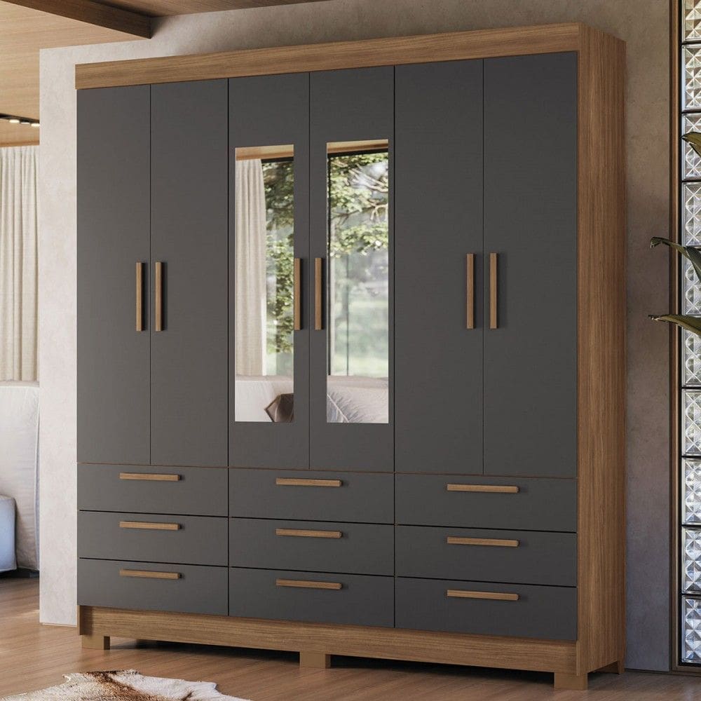 Guarda-Roupa Casal Colombo 6 Portas 9 Gavetas com Espelho Jatoba/Grafite - Santos Andirá