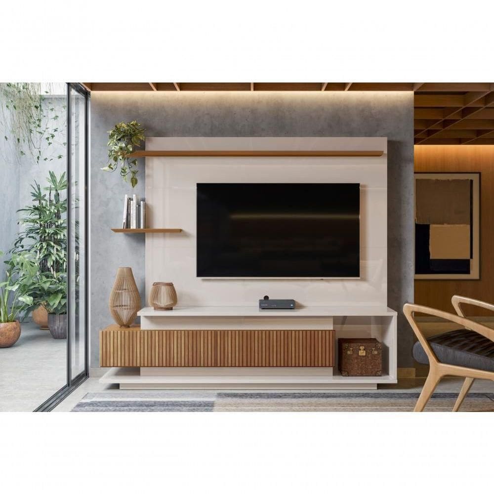 Home Istambul Painel P- Tvs Até 65`` 2 Portas Nichos E Prateleiras - Off White Perolizado-jequitiba Ripado