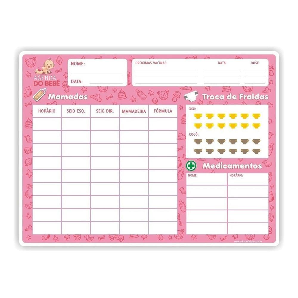 Tabela Controle Amamentação Magnética Rosa Ímã De Geladeira