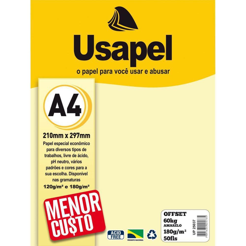 Papel Sulfite A4 Colorido Offset 180G 60K Amarelo 50Fls