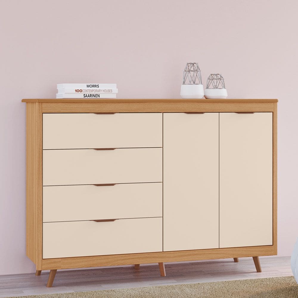 Cômoda Valentina 100% MDF Tuboarte com 4 Gavetas 2 Portas e Kit de Pés Estilo Retrô
