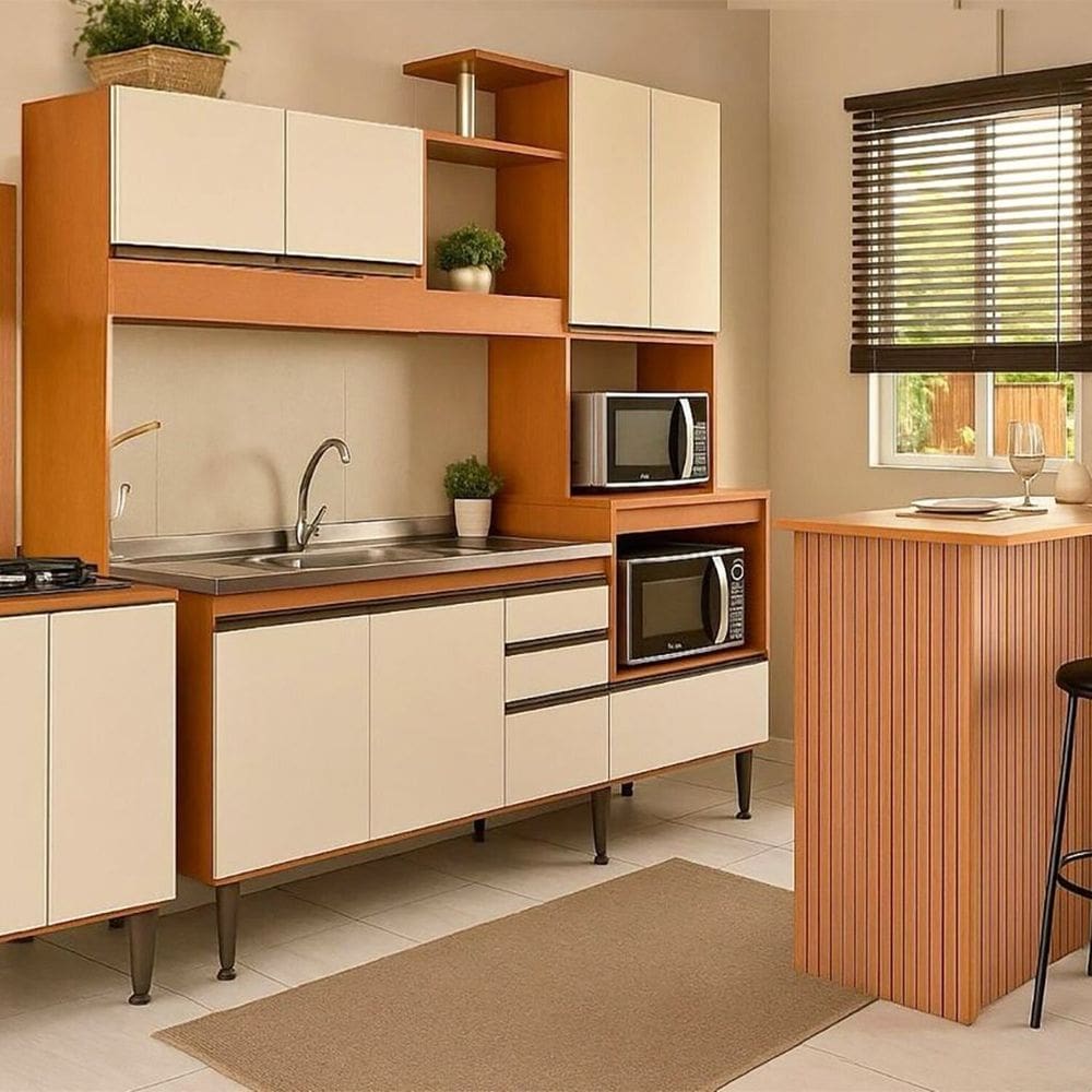 Cozinha Compacta com Balcão Cooktop e Bancada Ripada Alice Freijó / Off White